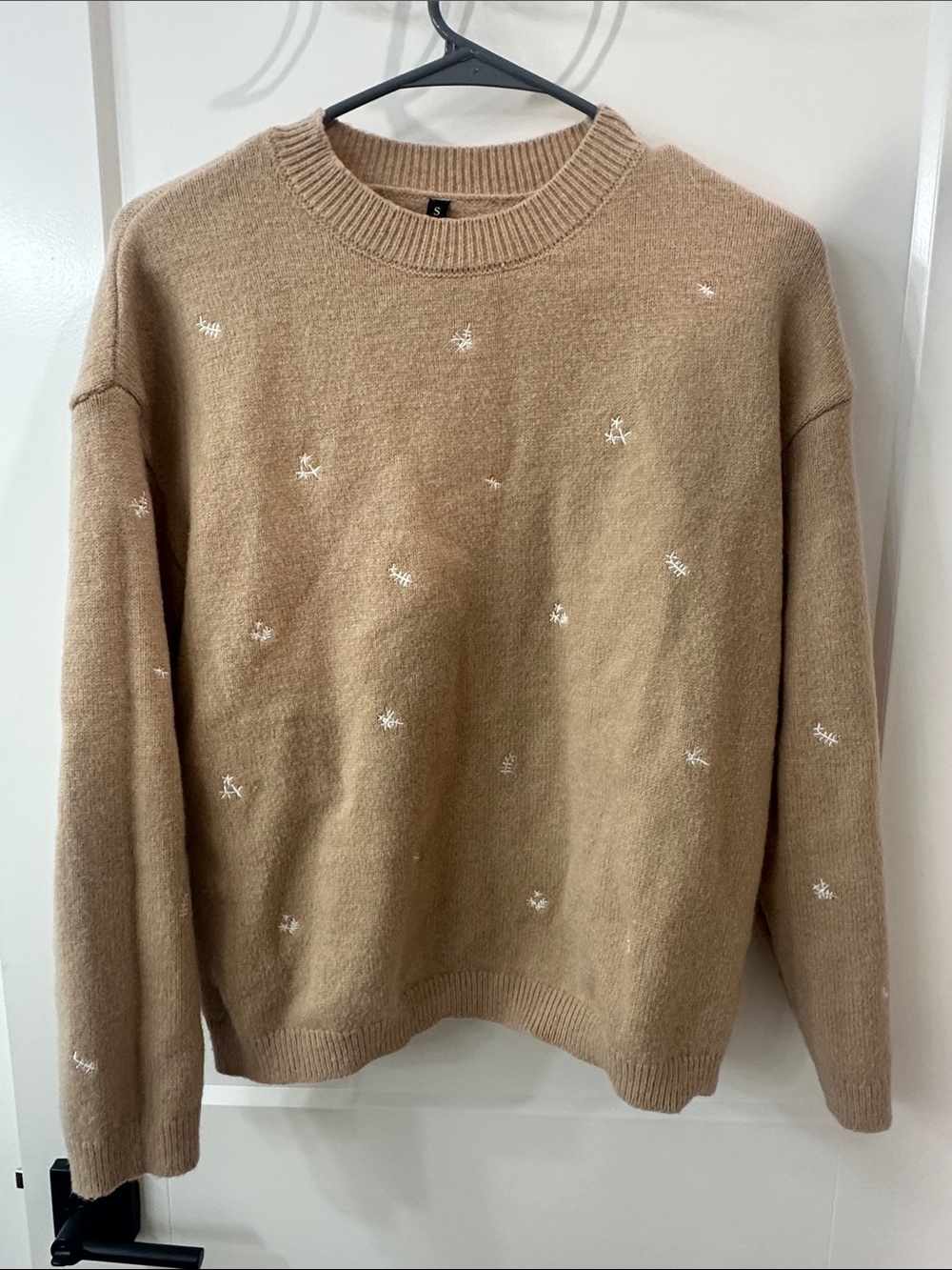 Tan Crewneck Sweater with White Star Embroidery